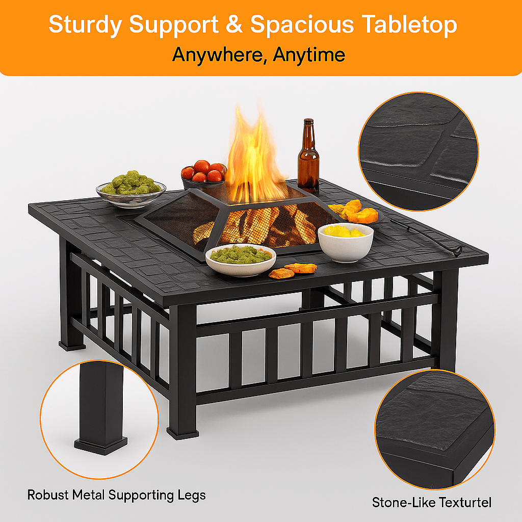 32 Square Outdoor Metal Fire Pit WoodBurning Patio Heater With Mesh Cover  Poker 2