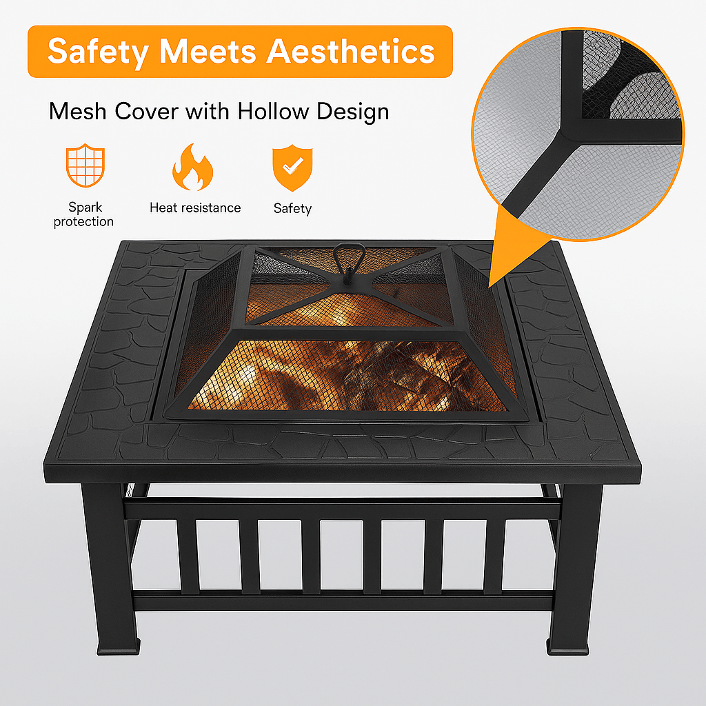 32 Square Outdoor Metal Fire Pit WoodBurning Patio Heater With Mesh Cover  Poker 3
