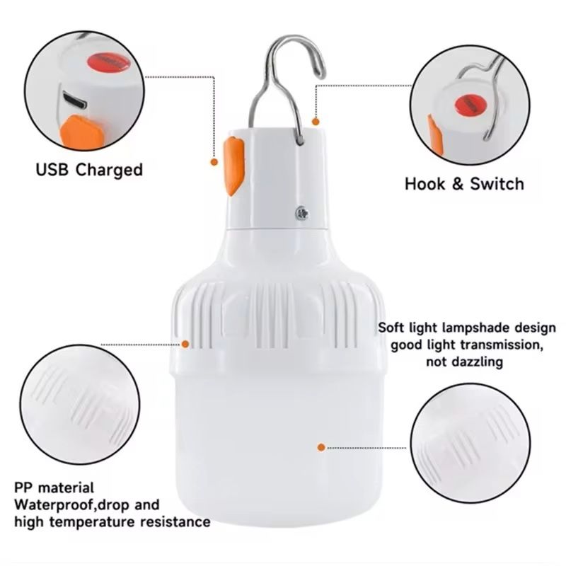 Rechargeable LED Camping Bulb With Hook  60W USB Portable Emergency Light For Outdoor Tents Fishing 3