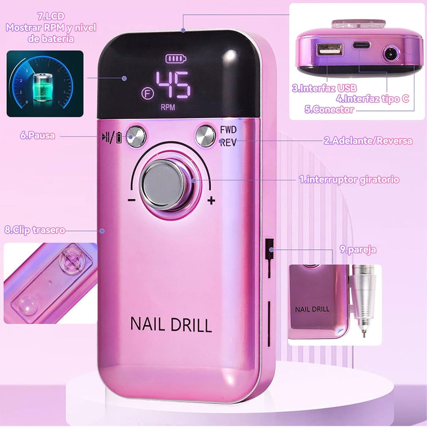 ProPower 45000RPM Rechargeable Electric Nail Drill Kit Portable Nail File Machine For Salon Quality 3