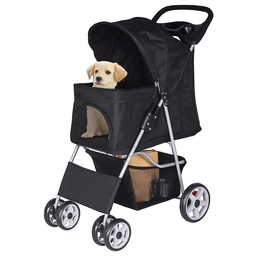 Foldable 4-Wheel Pet Stroller with Cup Holder Lightweight Travel Carrier for Small Dogs & Cats