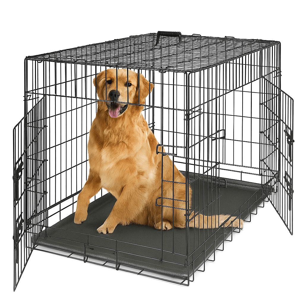 42-Inch Folding Metal Dog Crate with Double Doors and Leak-Proof Tray