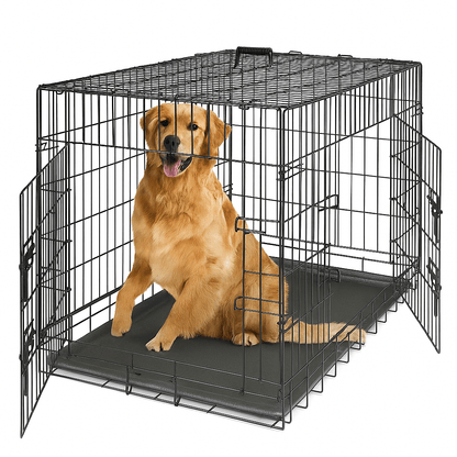 42-Inch Folding Metal Dog Crate with Double Doors and Leak-Proof Tray