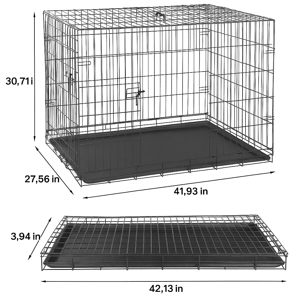 42Inch Folding Metal Dog Crate With Double Doors And LeakProof Tray 1