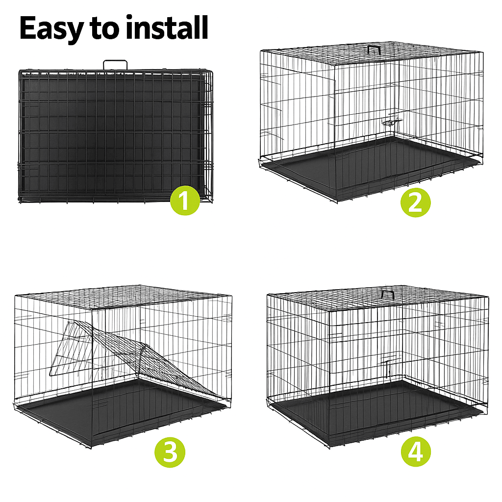 42Inch Folding Metal Dog Crate With Double Doors And LeakProof Tray 2