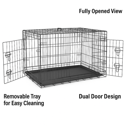 42Inch Folding Metal Dog Crate With Double Doors And LeakProof Tray 4