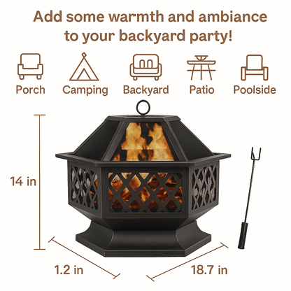 24 In Hexagon Outdoor Fire Pit Bronze Finish Steel Fireplace For Patio  Backyard 1