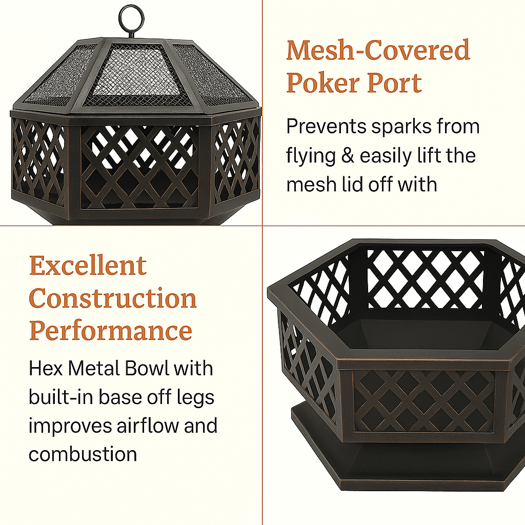 24 In Hexagon Outdoor Fire Pit Bronze Finish Steel Fireplace For Patio  Backyard 3