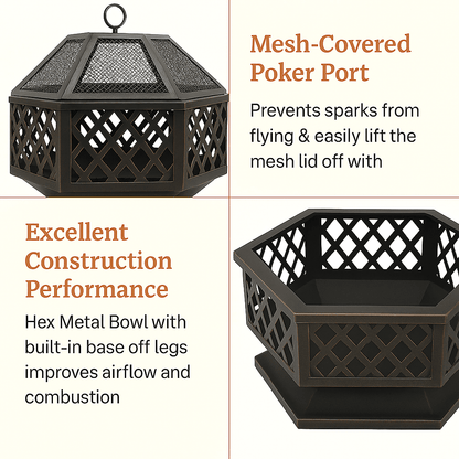 24 In Hexagon Outdoor Fire Pit Bronze Finish Steel Fireplace For Patio  Backyard 3