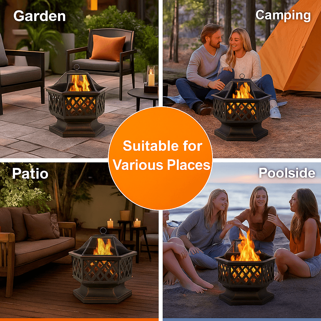 24 In Hexagon Outdoor Fire Pit Bronze Finish Steel Fireplace For Patio  Backyard 6