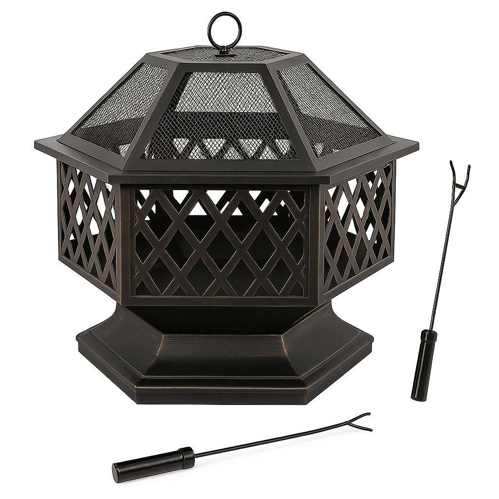 24 In Hexagon Outdoor Fire Pit Bronze Finish Steel Fireplace For Patio  Backyard 9
