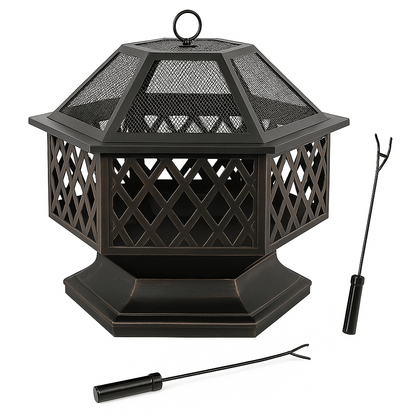 24 In Hexagon Outdoor Fire Pit Bronze Finish Steel Fireplace For Patio  Backyard 9