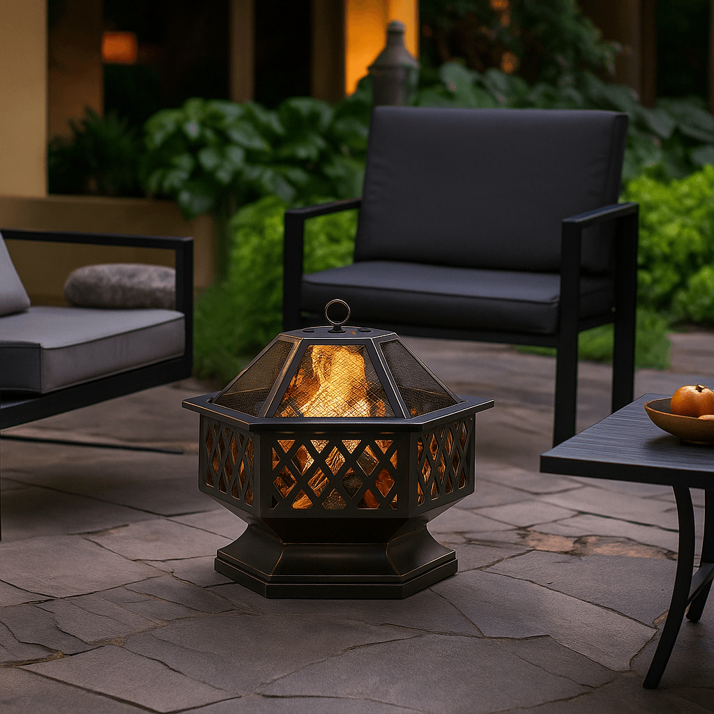 24 In Hexagon Outdoor Fire Pit Bronze Finish Steel Fireplace For Patio  Backyard 11