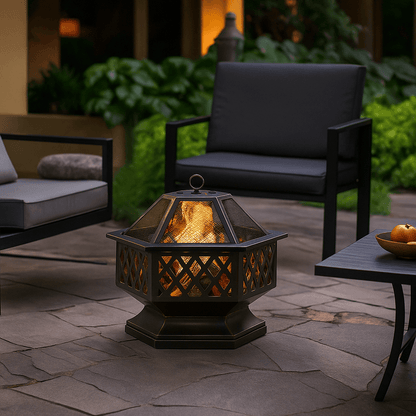 24 In Hexagon Outdoor Fire Pit Bronze Finish Steel Fireplace For Patio  Backyard 11