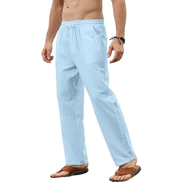 Mens Cotton Linen Drawstring Pants – Breathable Loose-Fit Trousers for Yoga, Lounge & Travel