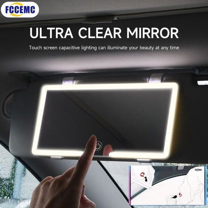 Car Interior Sun Visor LED Makeup Mirror, HD Rechargeable Thin Vanity Mirror with Touch Screen Fill Light