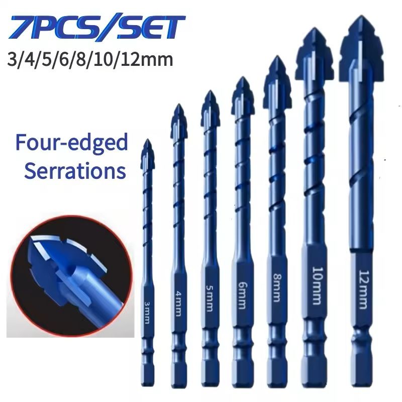 Serrated Drill Bit Set for Glass Tile and Concrete with Four Edge Tips in Assorted Sizes