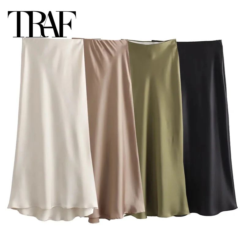 Woman High Waist Satin Midi Skirt, Elegant Black Long Skirt for Summer Office & Evening, TRAF Woman Satin Skirt Women