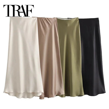 Woman High Waist Satin Midi Skirt, Elegant Black Long Skirt for Summer Office & Evening, TRAF Woman Satin Skirt Women