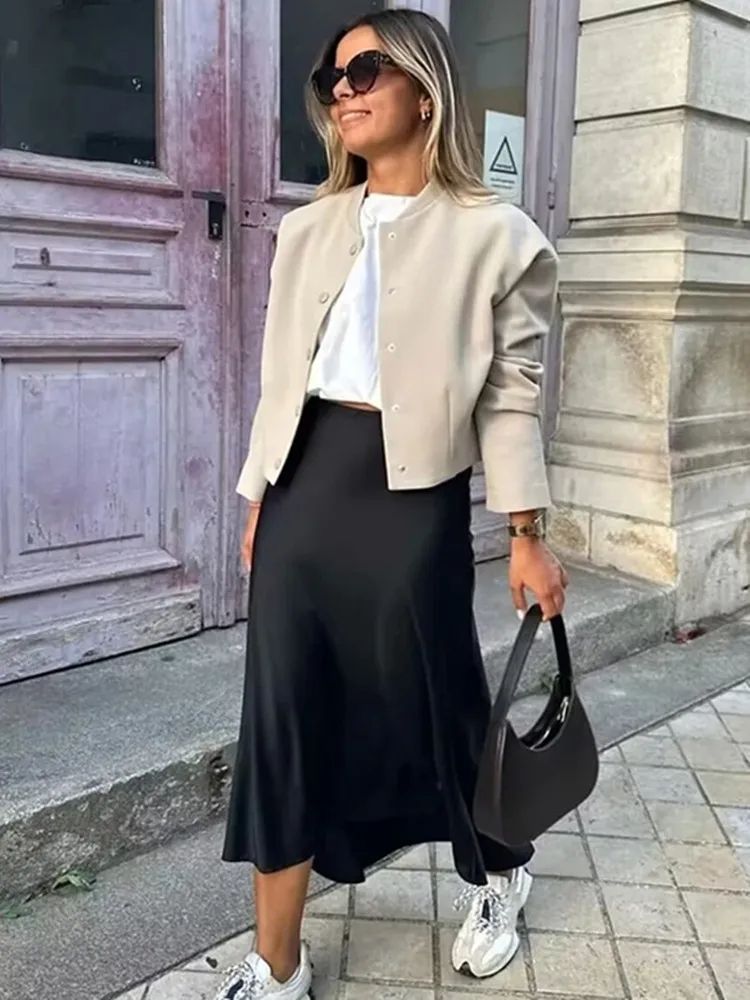 Woman High Waist Satin Midi Skirt Elegant Black Long Skirt For Summer Office  Evening TRAF Woman Sa 1