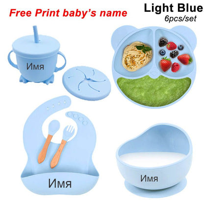 6Piece Silicone Baby Feeding Set  Suction Bowl Plate Bib  Utensils For MessFree Mealtime 1
