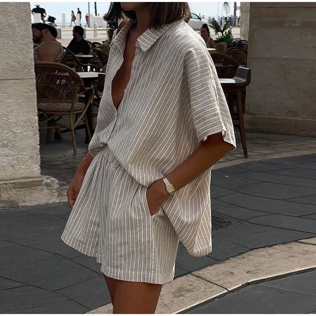 Casual Stripe Print Single Breasted Shirt Sets Womem's Oversized Elastic Waist Shorts Suits 2025 Lady Summer High Street