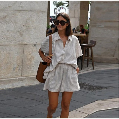 Casual Stripe Print Single Breasted Shirt Sets Womems Oversized Elastic Waist Shorts Suits 2025 Lad 3