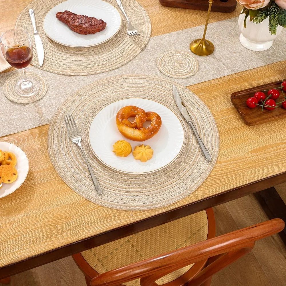 Set Of 6 Round Placemats And Coasters Braided Woven Table Mats Washable Heat Resistant For Dining K 5