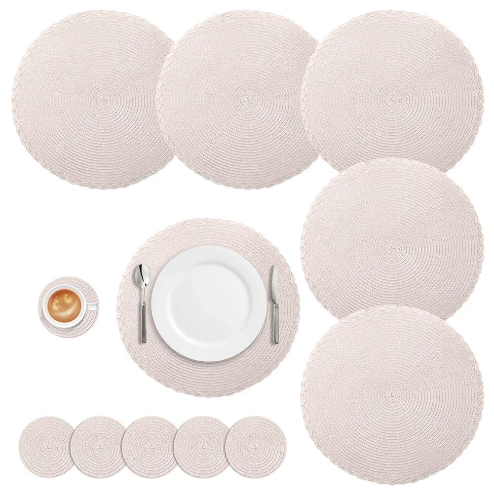 Set Of 6 Round Placemats And Coasters Braided Woven Table Mats Washable Heat Resistant For Dining K 8