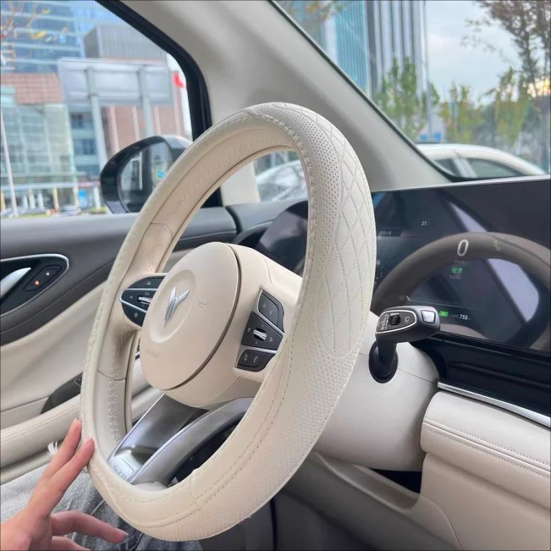 Premium Napa Leather Perforated Patchwork Car Steering Wheel Cover – Non-Slip, Breathable & Universal Fit