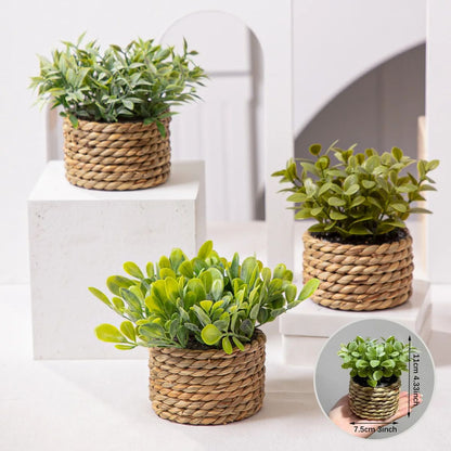 FLOWER Green Artificial Plants – Small Potted Eucalyptus Grass Mound Material Woven Home Decoration for Indoor, Office