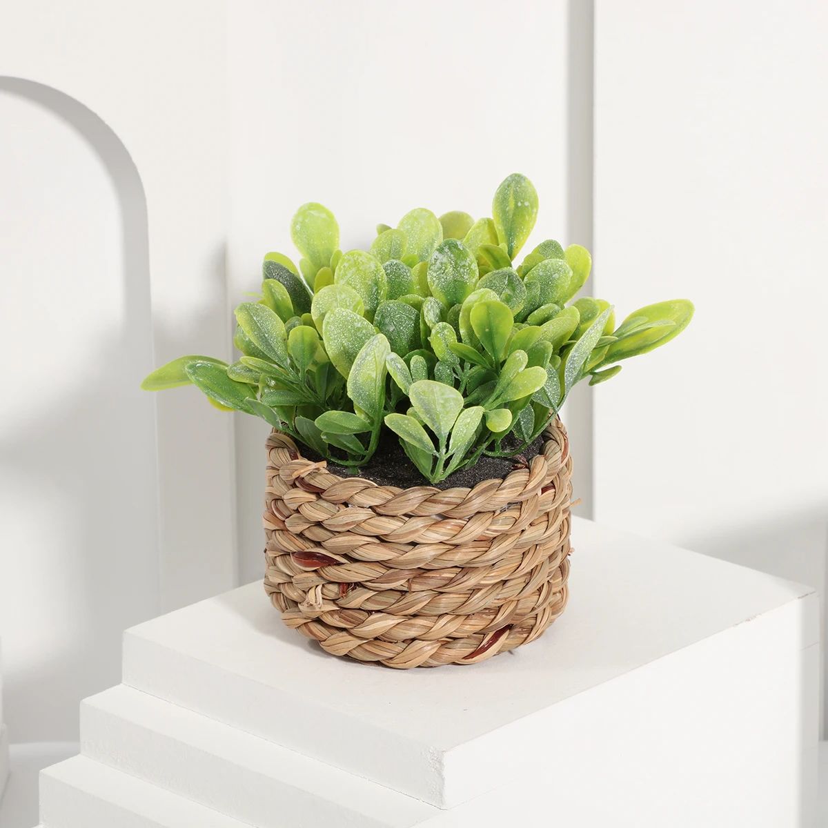 FLOWER Green Artificial Plants  Small Potted Eucalyptus Grass Mound Material Woven Home Decoration  6