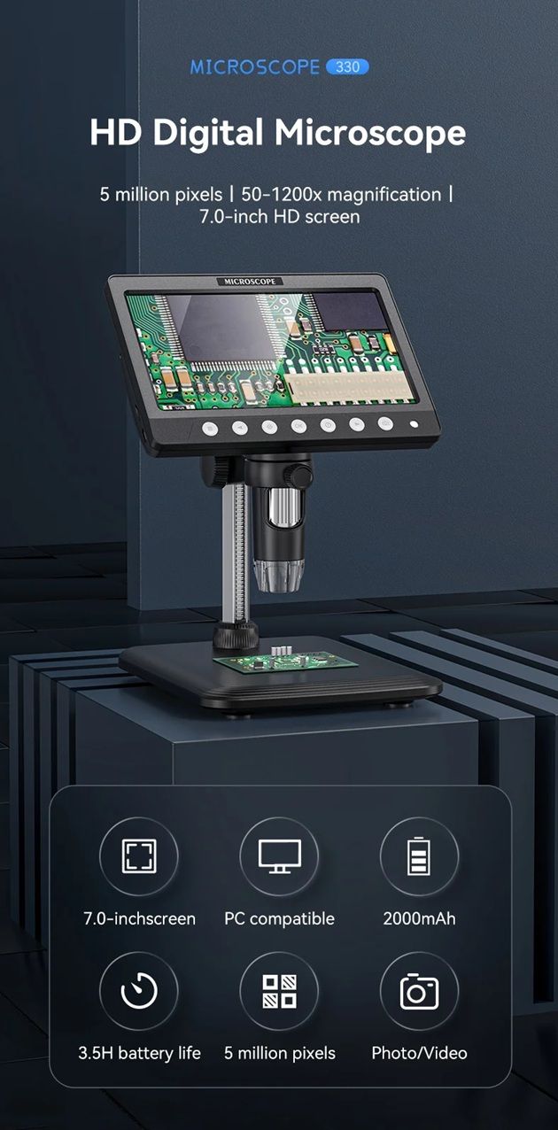 ProView 1200X Digital Microscope – 7in IPS Screen USB Microscope for Soldering, Electronics & Phone Repair