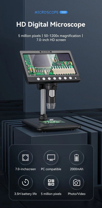 ProView 1200X Digital Microscope – 7in IPS Screen USB Microscope for Soldering, Electronics & Phone Repair