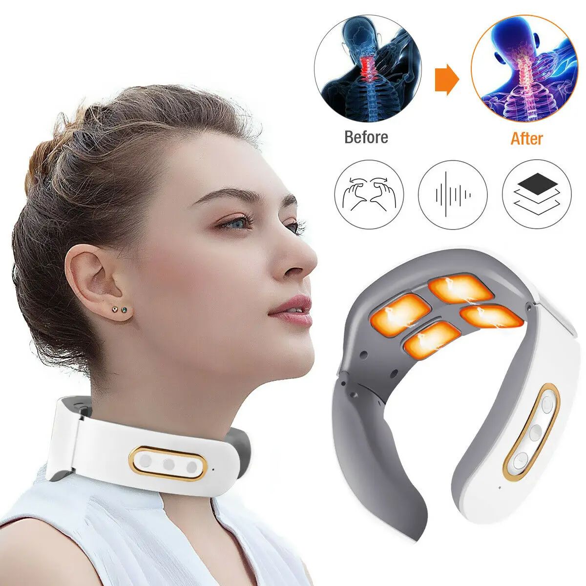 Electric Neck & Shoulder Massager 4-Head Kneading with TENS, Magnetic Pulse Heating for Cervical Pain Relief Relaxation