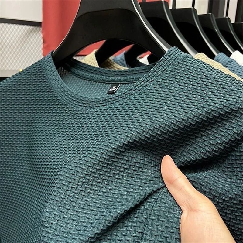 Men Summer Mesh Ice Silk TShirt  2023 New Short Sleeve Round Neck Thin Solid Color Tee Top 2