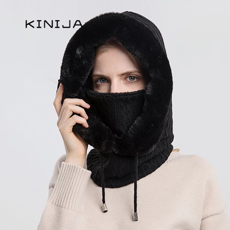Women Winter Fur Cap Mask Set, Hooded Knitted Cashmere Balaclava Ski Hat with Thick Fluffy Beanies & Neck Warmer H