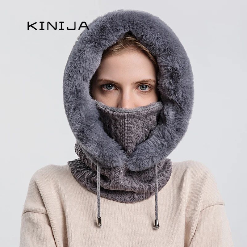 Women Winter Fur Cap Mask Set Hooded Knitted Cashmere Balaclava Ski Hat With Thick Fluffy Beanies   1