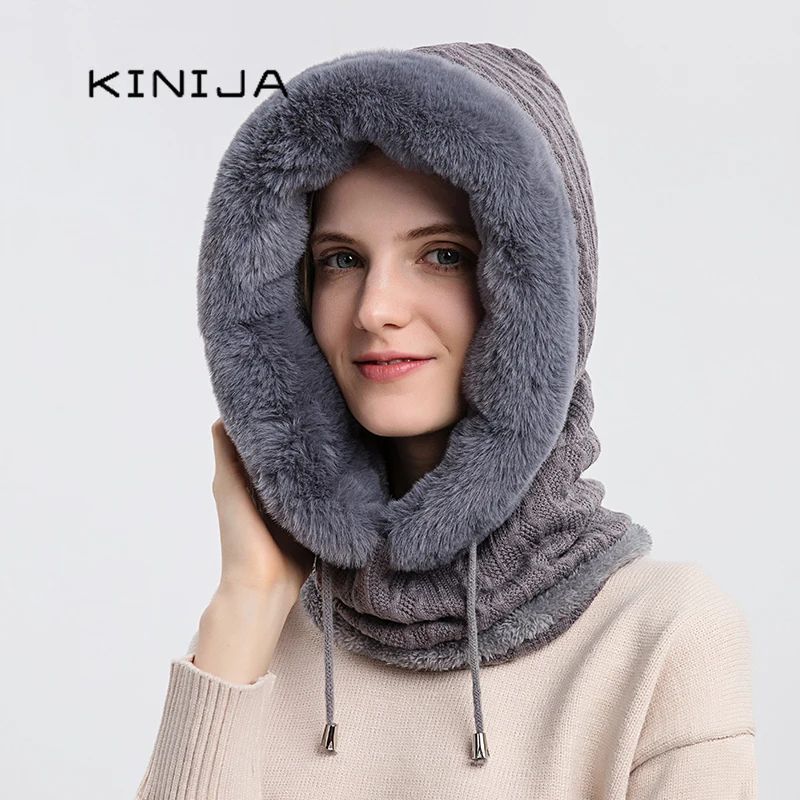 Women Winter Fur Cap Mask Set Hooded Knitted Cashmere Balaclava Ski Hat With Thick Fluffy Beanies   2