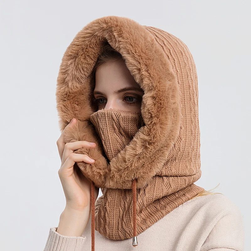 Women Winter Fur Cap Mask Set Hooded Knitted Cashmere Balaclava Ski Hat With Thick Fluffy Beanies   4
