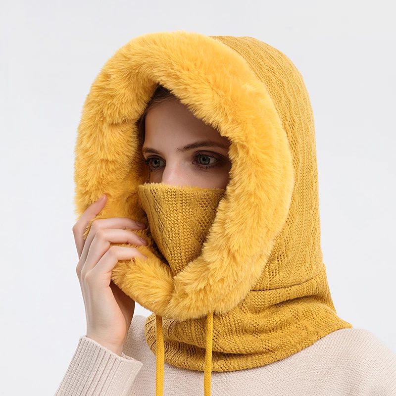 Women Winter Fur Cap Mask Set Hooded Knitted Cashmere Balaclava Ski Hat With Thick Fluffy Beanies   5