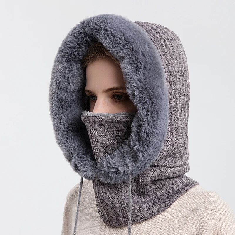 Women Winter Fur Cap Mask Set Hooded Knitted Cashmere Balaclava Ski Hat With Thick Fluffy Beanies   6