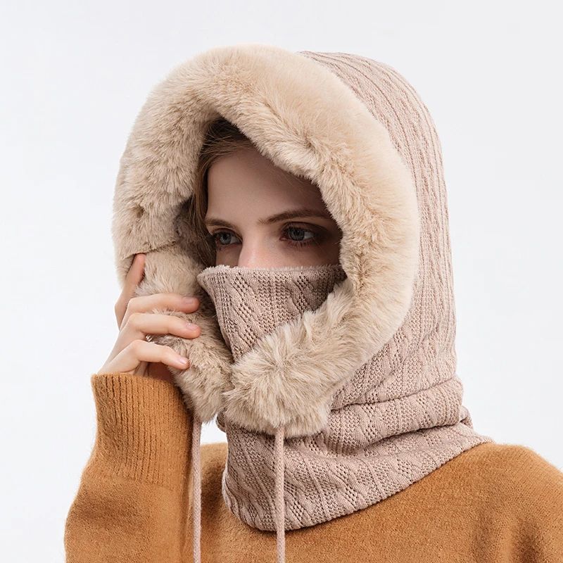 Women Winter Fur Cap Mask Set Hooded Knitted Cashmere Balaclava Ski Hat With Thick Fluffy Beanies   7
