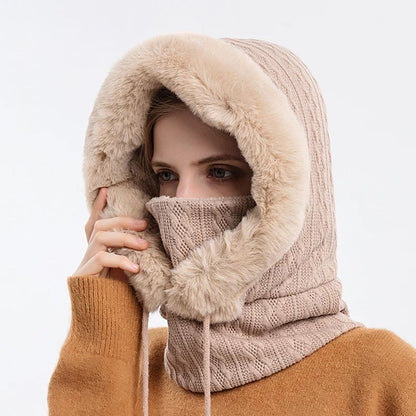Women Winter Fur Cap Mask Set Hooded Knitted Cashmere Balaclava Ski Hat With Thick Fluffy Beanies   7