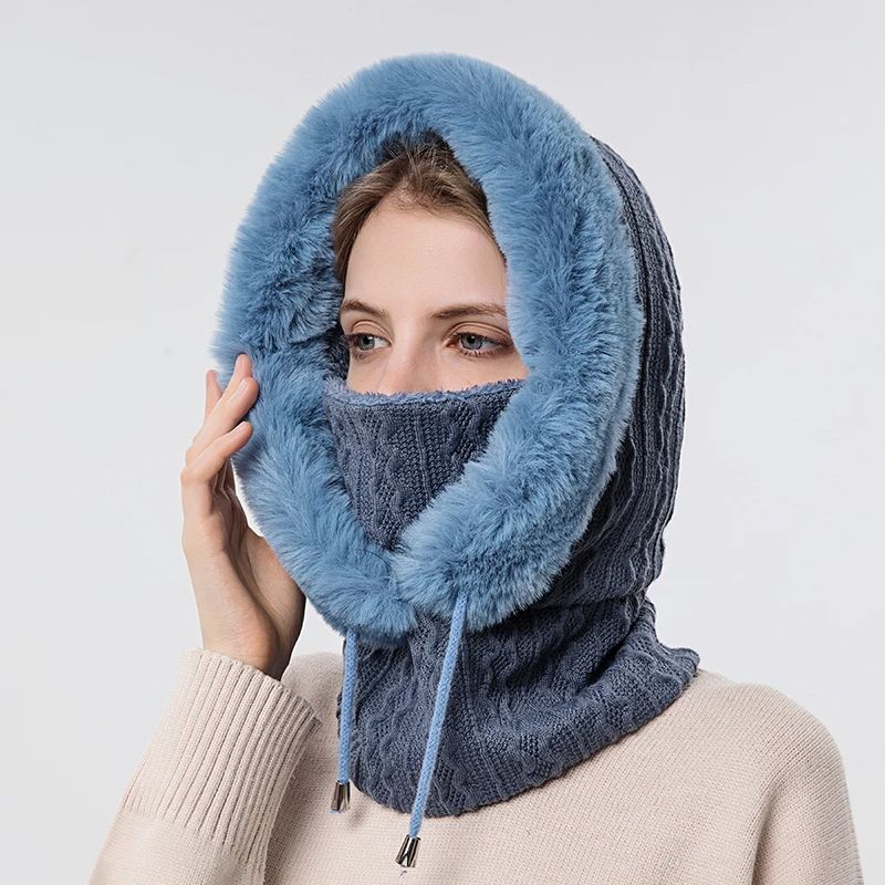 Women Winter Fur Cap Mask Set Hooded Knitted Cashmere Balaclava Ski Hat With Thick Fluffy Beanies   8