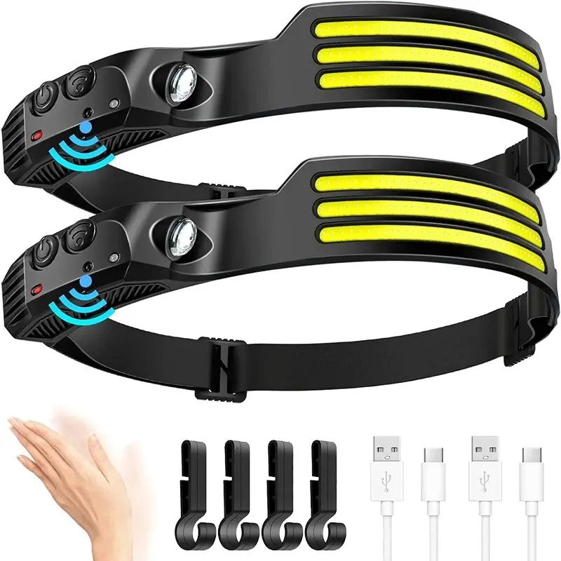 USB Rechargeable COB LED Headlamp, Induction Sensor Head Lamp with Built-in Battery for Camping, Fishing, Hiking