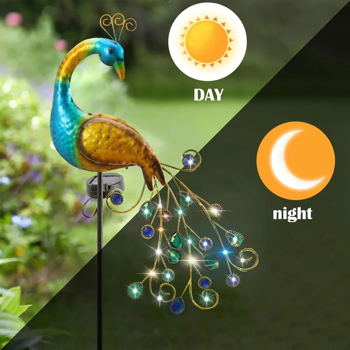 LumiFeather Solar Peacock Light  Elegant Outdoor Stake With Warm White  ColorChanging Glow 1