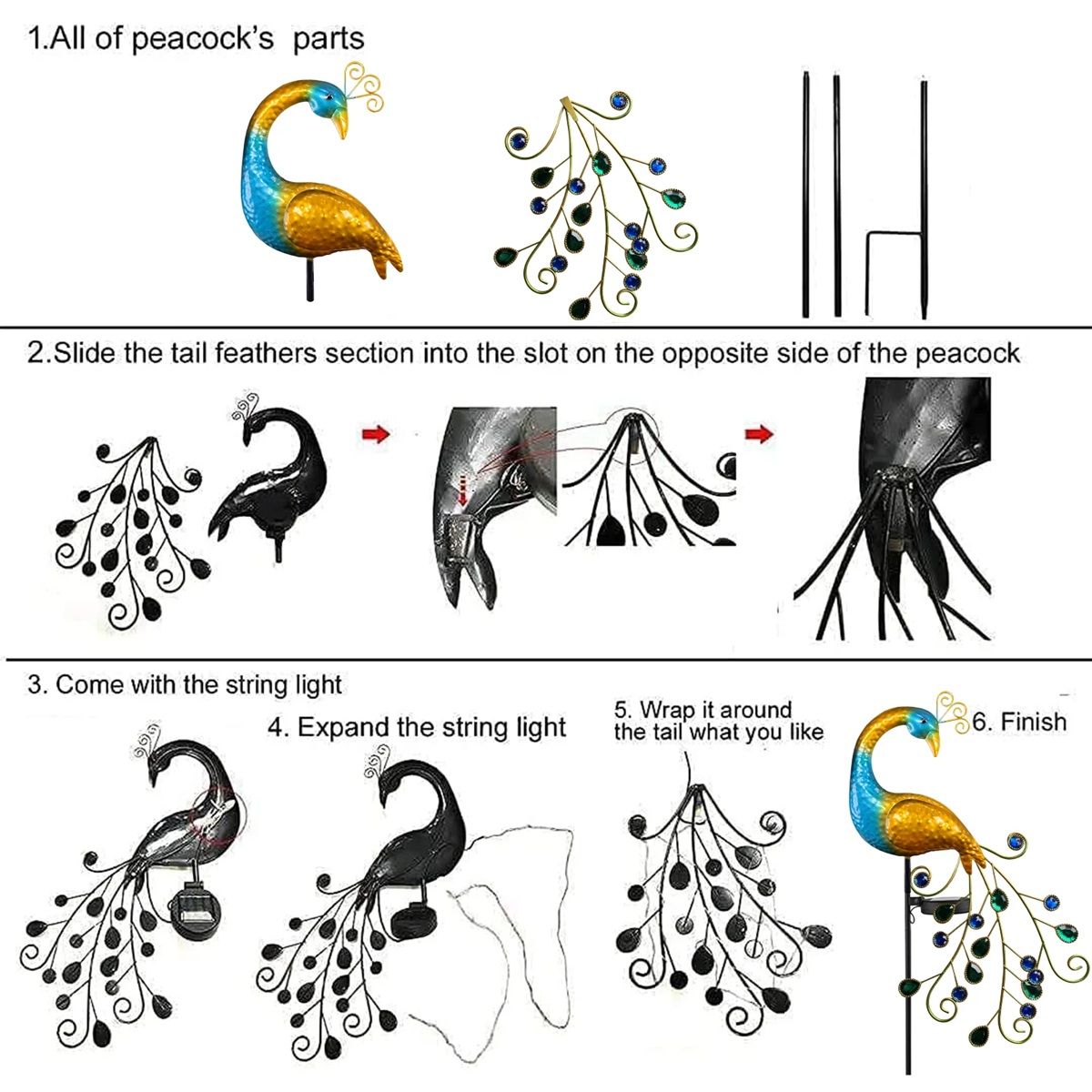 LumiFeather Solar Peacock Light  Elegant Outdoor Stake With Warm White  ColorChanging Glow 4