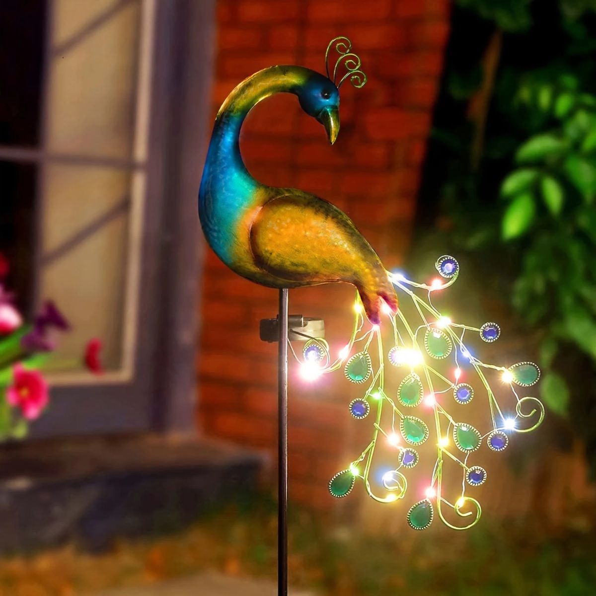 LumiFeather Solar Peacock Light  Elegant Outdoor Stake With Warm White  ColorChanging Glow 3
