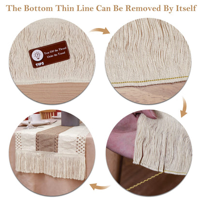 Splicing Burlap Table Runner Farmhouse Style Boho Decor With Rustic Woven Cotton  Crochet Lace Trim 3